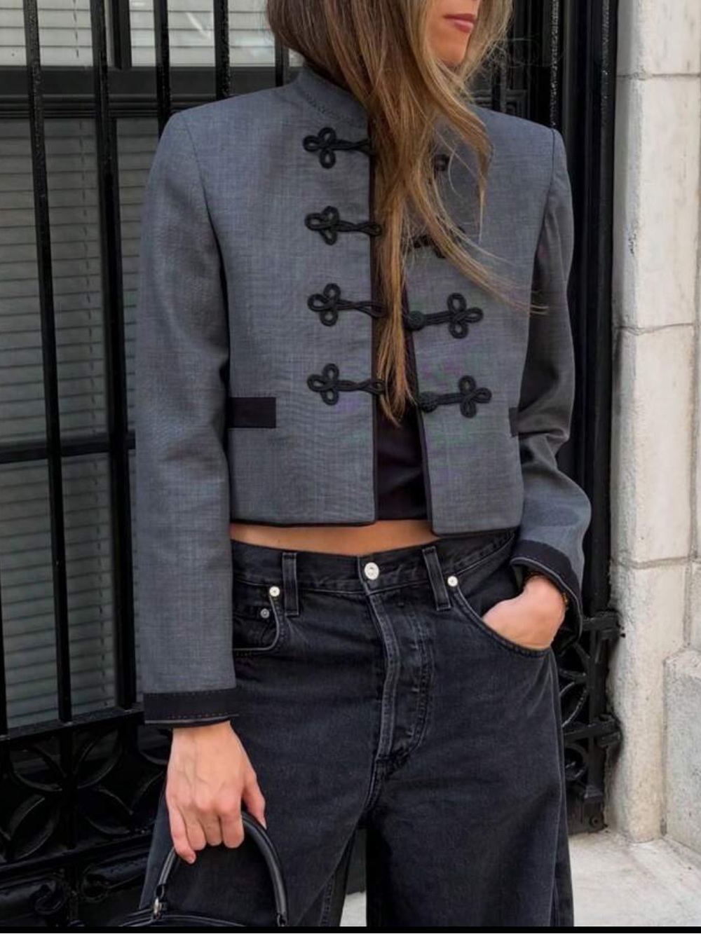 Zara NWT viral wool blend Gray & black Frog clasp button blazer - Picture 5 of 11